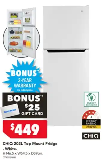 Harvey Norman CHIQ 202L Top Mount Fridge -White offer