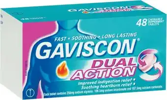 Woolworths Gaviscon Dual Action Heartburn & Indigestion Chewable Tablets Pk 48† offer