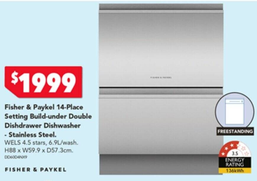 Fisher & Paykel 14Place Setting Buildunder Double Dishdrawer Dishwasher Stainless Steel