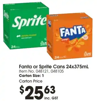 Campbells Wholesale Fanta or Sprite Cans 24x375mL offer