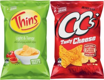 Coles CC's Corn Chips 175g or Thins Potato Chips 150g-175g offer