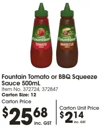 Campbells Wholesale Fountain Tomato or BBQ Squeeze Sauce 500mL offer