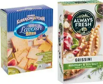Kurrajong Lavosh 145g, Always Fresh Grissini 125g or Tuckers Artisan Crackers 100g