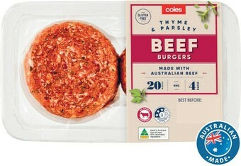 Coles Coles Beef, Thyme & Parsley Burgers 500g offer