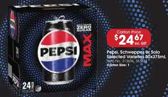 Campbells Wholesale Pepsi, Schweppes or Solo Selected Varieties 30x375mL offer