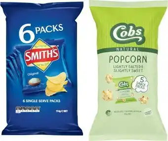 Coles Smith’s Chips 6 Pack 114g or Cobs Popcorn 5 Pack 65g offer