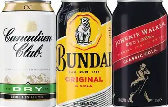 Woolworths Canadian Club & Dry, Bundaberg Rum & Cola OR Johnnie Walker Red & Cola Cans 24x375ml offer