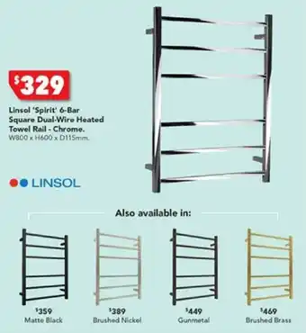 Harvey Norman Linsol 'Spirit' 6-Bar Square Dual-Wire Heated Towel Rail - Chrome offer