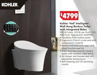 Harvey Norman Kohler 'Veil' Intelligent Wall-Hung Rimless Toilet with Integrated Bidet offer