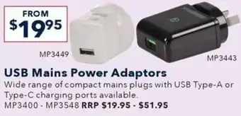 Jaycar Electronics USB Mains Power Adaptors offer