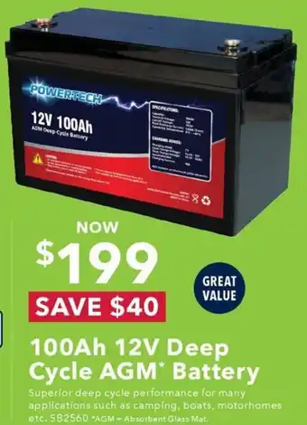 Jaycar Electronics 100Ah 12V Deep Cycle AGM Battery offer