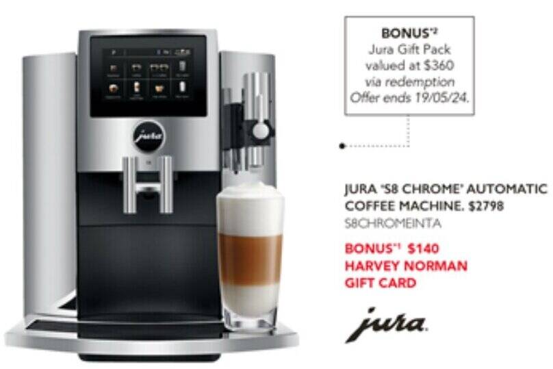 JURA "S8 CHROME' AUTOMATIC COFFEE MACHINE offer at Harvey Norman