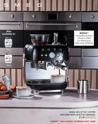 Harvey Norman SMEG '50'S STYLE' COFFEE MACHINE WITH BUILT-IN GRINDER offer