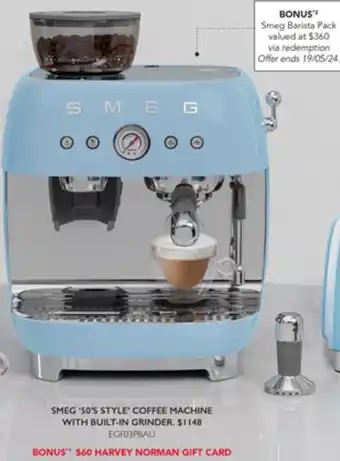 Harvey Norman SMEG '50'S STYLE' COFFEE MACHINE WITH BUILT-IN GRINDER offer