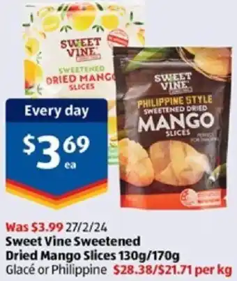 Sweet Vine Sweetened Dried Mango Slices 130g/170g offer at ALDI