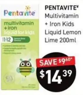 Chemist King PENTAVITE Multivitamin + Iron Kids Liquid Lemon Lime 200ml offer