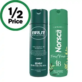 Woolworths Brut 24 Hour Antiperspirant or Norsca Deodorant 130g offer