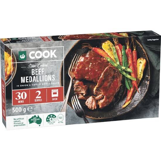 Woolworths COOK Slow Cooked Beef Medallions in Onion & Gravy 500g offer