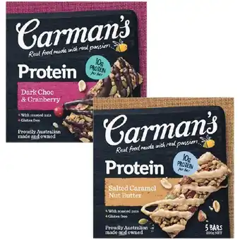 Woolworths Carman’s Protein Bars 150-200g Pk 5 offer