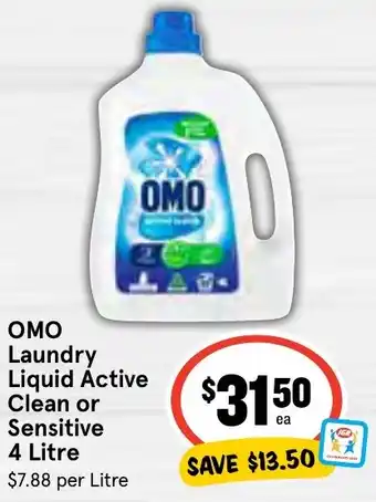 IGA OMO Laundry Liquid Active Clean or Sensitive 4 Litre offer