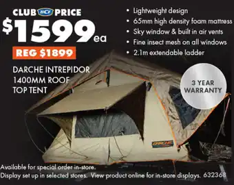 BCF DARCHE INTREPIDOR 1400MM ROOF TOP TENT offer