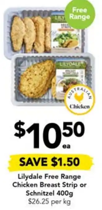 Drakes Lilydale Free Range Chicken Breast Strip or Schnitzel 400g offer