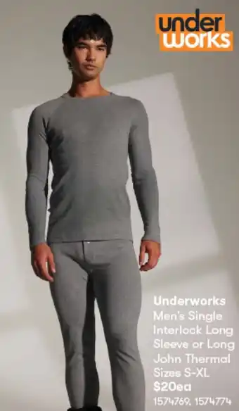 BIG W Underworks Men's Single Interlock Long Sleeve or Long John Thermal Sizes S-XL offer