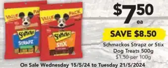 Drakes Schmackos Strapz or Stix Dog Treats 500g offer