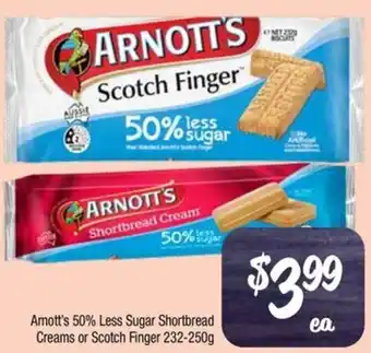 Farmer Jack's Arnott's 50% Less Sugar Shortbread Creams or Scotch Finger 232-250g offer