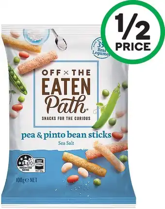 Woolworths Off The Eaten Path Pea & Pinto Bean Sticks 100g - From the Health Food Aisle offer