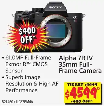 JB Hi-Fi Sony Alpha 7R IV 35mm Full-Frame Camera offer