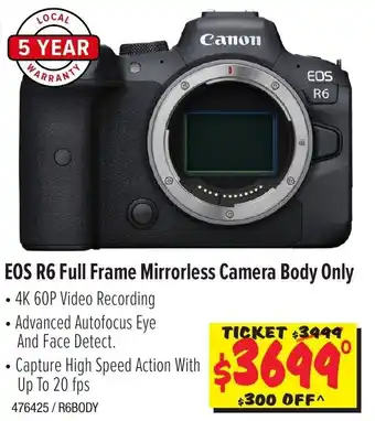 JB Hi-Fi Canon EOS R6 Full Frame Mirrorless Camera Body Only offer