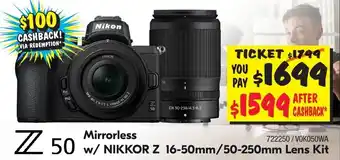 JB Hi-Fi Nikon Z50 Mirrorless w/ Nikkor Z 16-50mm/50-250mm Lens Kit offer
