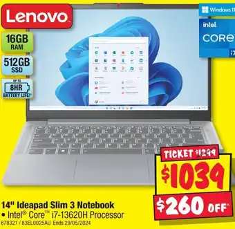 JB Hi-Fi 14" Ideapad Slim 3 Notebook Intel Core i7-13620H Processor offer