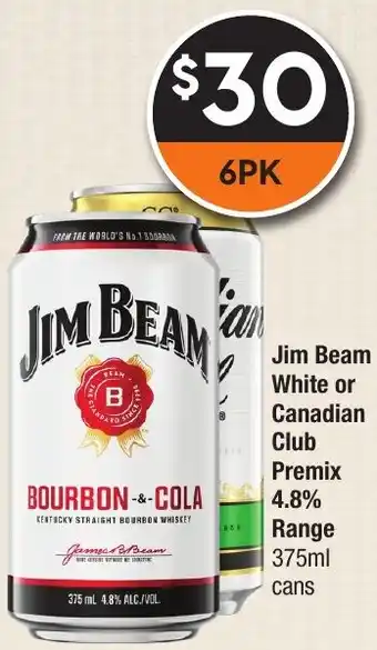 Super Cellars Jim Beam White or Canadian Club Premix 4.8% Range 375ml cans offer