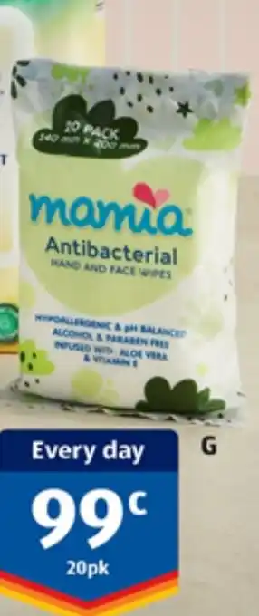 ALDI mamia Antibacterial HAND AND FACE WIPES offer