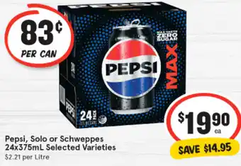 IGA Pepsi, Solo or Schweppes 24x375mL offer