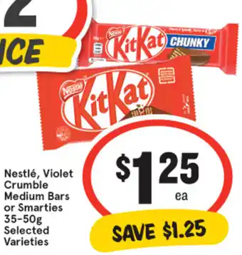 IGA Nestlé, Violet Crumble Medium Bars or Smarties 35-50g offer