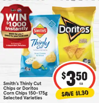 IGA Smith's Thinly Cut Chips or Doritos Corn Chips 150-175g offer