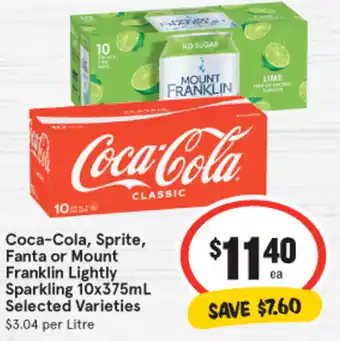 IGA Coca-Cola, Sprite, Fanta or Mount Franklin Lightly Sparkling 10x375mL offer