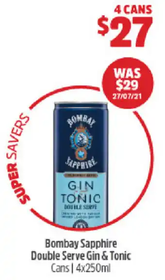 BWS Bombay Sapphire Double Serve Gin & Tonic 4x250ml offer