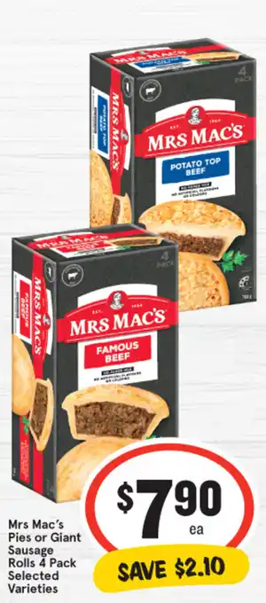 IGA Mrs Mac's Pies or Giant Sausage Rolls 4 Pack offer