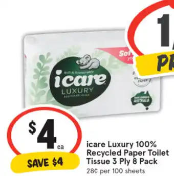 IGA icare Luxury 100% Recycled Paper Toilet Tissue 3 Ply 8 Pack offer