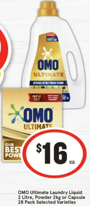 IGA OMO Ultimate Laundry Liquid 2 Litre, Powder 2kg or Capsule 28 Pack offer