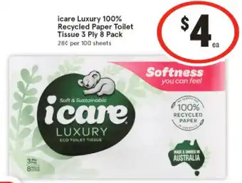 IGA icare Luxury 100% Recycled Paper Toilet Tissue 3 Ply 8 Pack offer