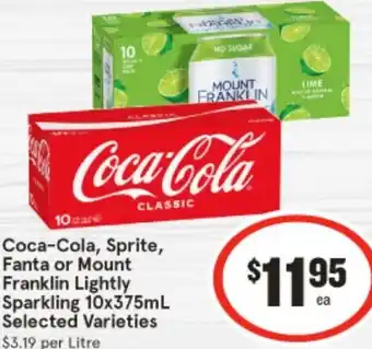 IGA Coca-Cola, Sprite, Fanta or Mount Franklin Lightly Sparkling 10x375mL offer