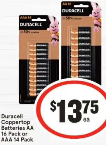 IGA Duracell Coppertop Batteries AA 16 Pack or AAA 14 Pack offer