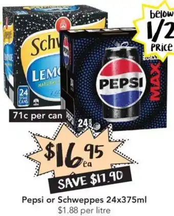 Drakes Pepsi or Schweppes 24x375ml offer
