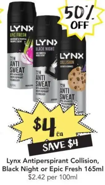 Drakes Lynx Antiperspirant Collision, Black Night or Epic Fresh 165ml offer