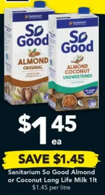 Drakes Sanitarium So Good Almond or Coconut Long Life Milk 1lt offer
